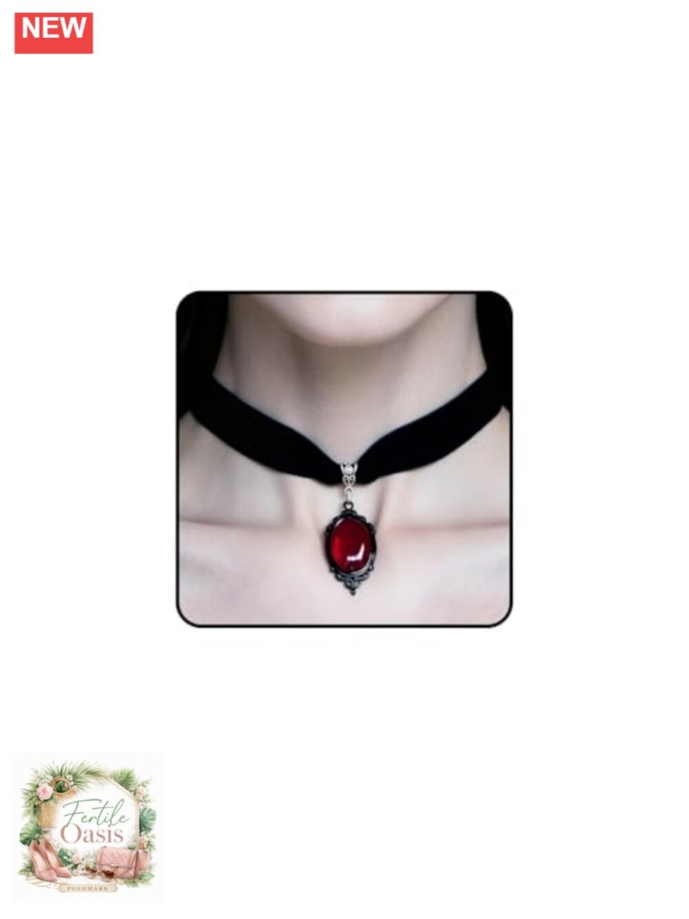 Gothic Velvet Choker Necklace with Blood Red Crystal Pendant for Women Witch